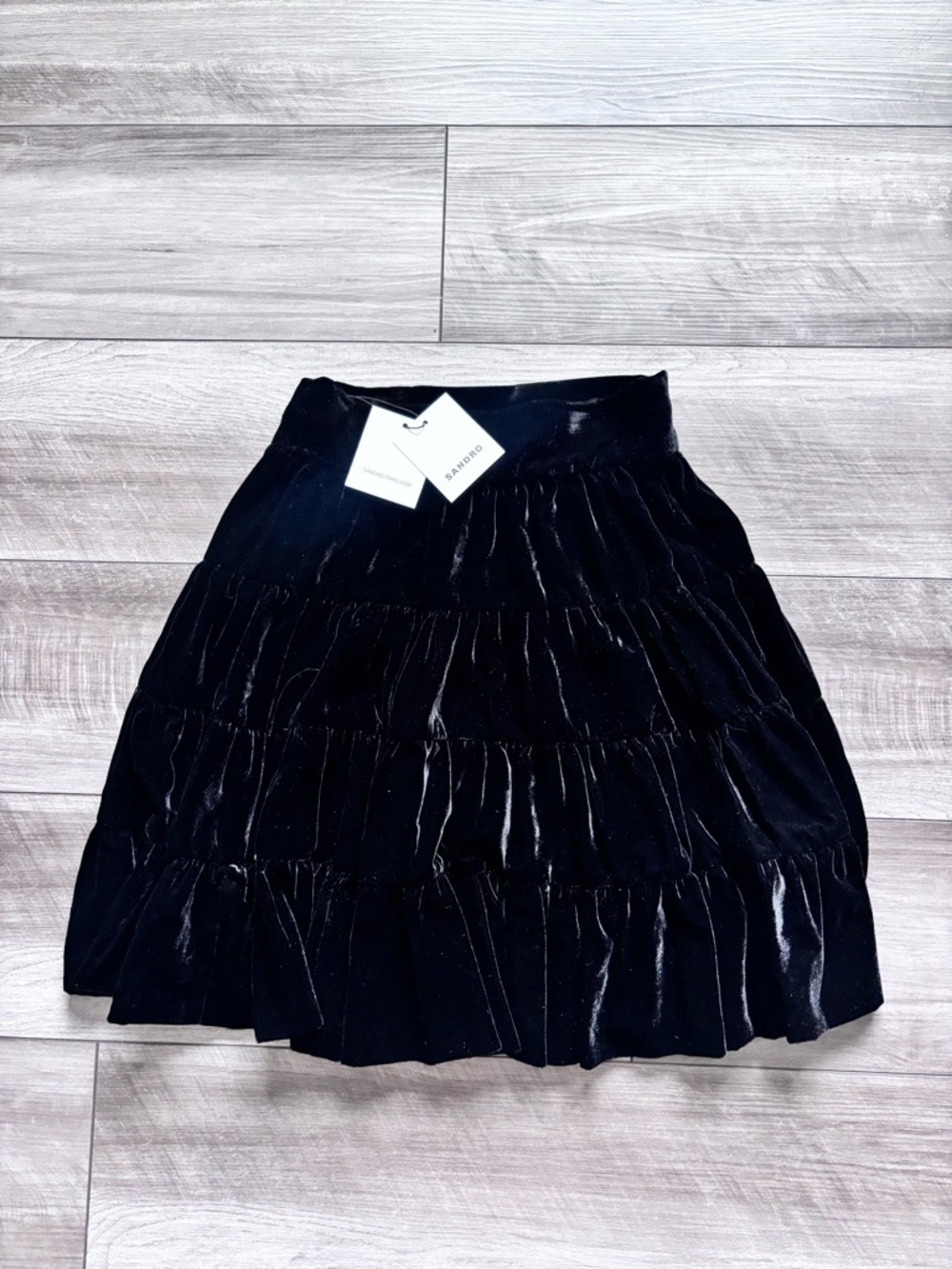 Sandro Black Velvet Tiered A-Line Mini Skirt 34 - Picture 2 of 9